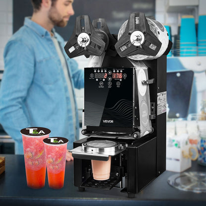Vollautomatische Becherversiegelungsmaschine, 500–650 Becher/h, geeignet für Becher bis 190 mm Höhe und 90/95 mm Durchmesser, elektrische Boba-Tee-Versiegelungsmaschine mit digitalem LCD-Bedienfeld für Bubble Tea, Schwarz