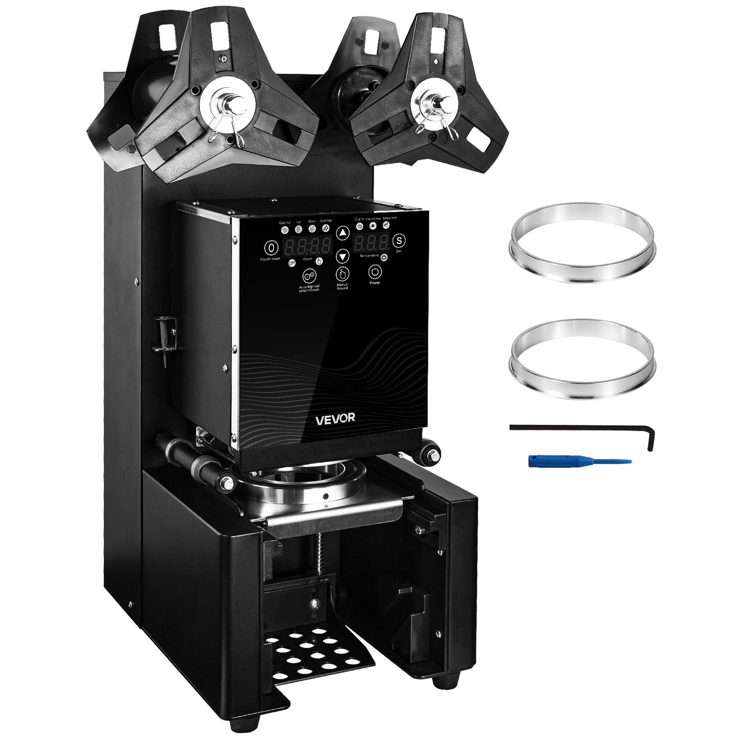 Vollautomatische Becherversiegelungsmaschine, 500–650 Becher/h, geeignet für Becher bis 190 mm Höhe und 90/95 mm Durchmesser, elektrische Boba-Tee-Versiegelungsmaschine mit digitalem LCD-Bedienfeld für Bubble Tea, Schwarz