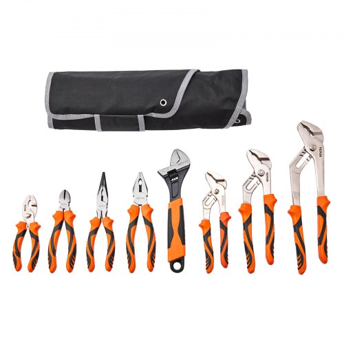 Pliers Set, 8-Piece, High Carbon Steel, 30.5cm/25.4cm/20.3cm Groove Joint Pliers, 20.3cm Linesman's Pliers, 15.2cm Slip Joint Pliers, 20.3cm Long Nose Pliers, 15.2cm Diagonal Cutter, 25.4cm Adjustable Wrench, and Tool Bag