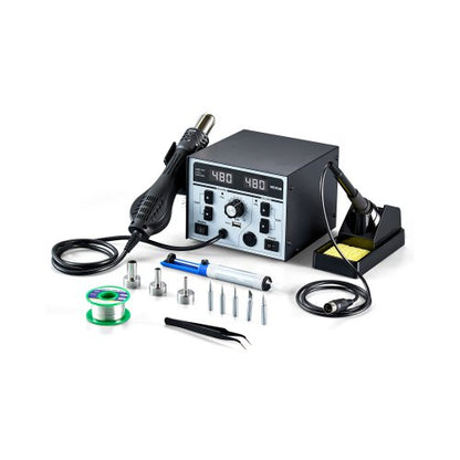 2-in-1 Hot Air Rework & Soldering Station, 820W Digital Display Rework and Soldering Iron Station with 5V USB Charging Port, Adjustable Temperature & Airflow, 3 Hot Air Nozzles, 5 Soldering Tips