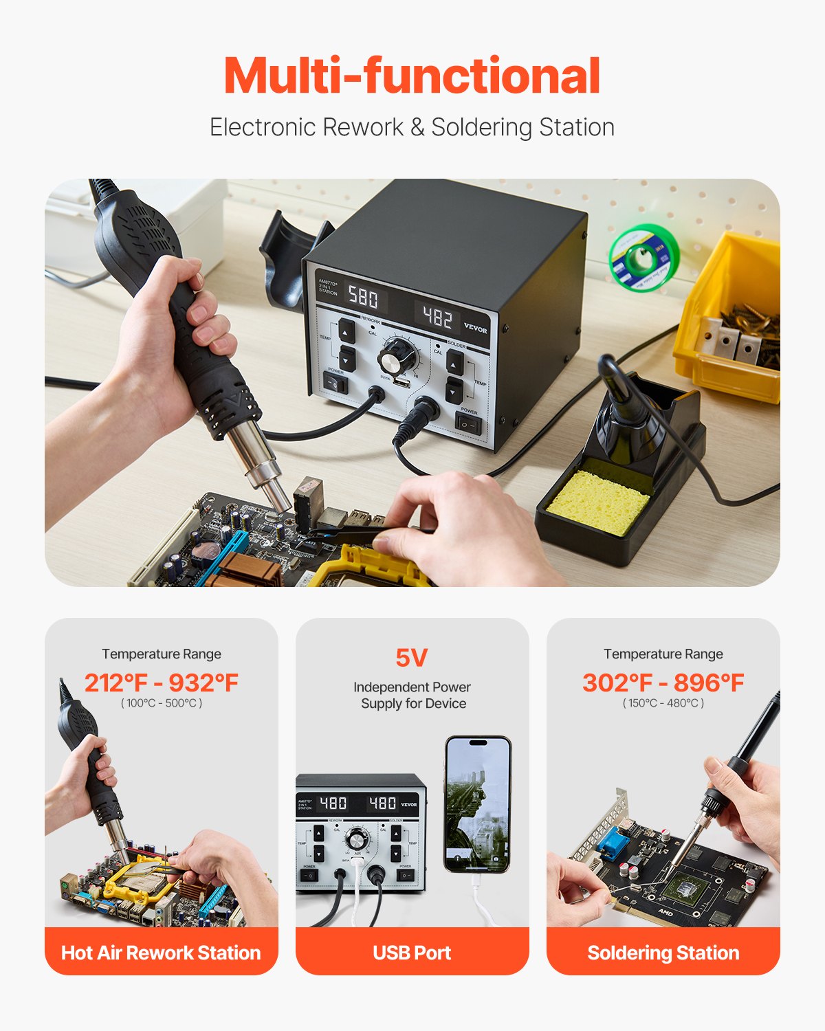 2-in-1 Hot Air Rework & Soldering Station, 820W Digital Display Rework and Soldering Iron Station with 5V USB Charging Port, Adjustable Temperature & Airflow, 3 Hot Air Nozzles, 5 Soldering Tips