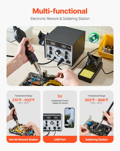2-in-1 Hot Air Rework & Soldering Station, 820W Digital Display Rework and Soldering Iron Station with 5V USB Charging Port, Adjustable Temperature & Airflow, 3 Hot Air Nozzles, 5 Soldering Tips