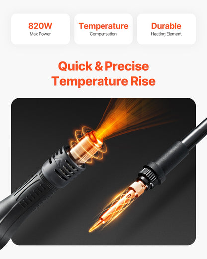 2-in-1 Hot Air Rework & Soldering Station, 820W Digital Display Rework and Soldering Iron Station with 5V USB Charging Port, Adjustable Temperature & Airflow, 3 Hot Air Nozzles, 5 Soldering Tips