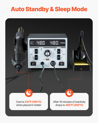 2-in-1 Hot Air Rework & Soldering Station, 820W Digital Display Rework and Soldering Iron Station with 5V USB Charging Port, Adjustable Temperature & Airflow, 3 Hot Air Nozzles, 5 Soldering Tips