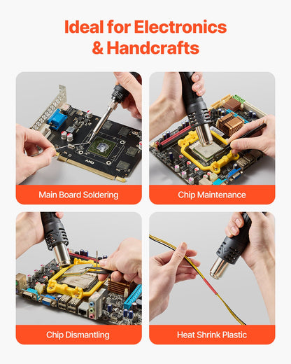 2-in-1 Hot Air Rework & Soldering Station, 820W Digital Display Rework and Soldering Iron Station with 5V USB Charging Port, Adjustable Temperature & Airflow, 3 Hot Air Nozzles, 5 Soldering Tips