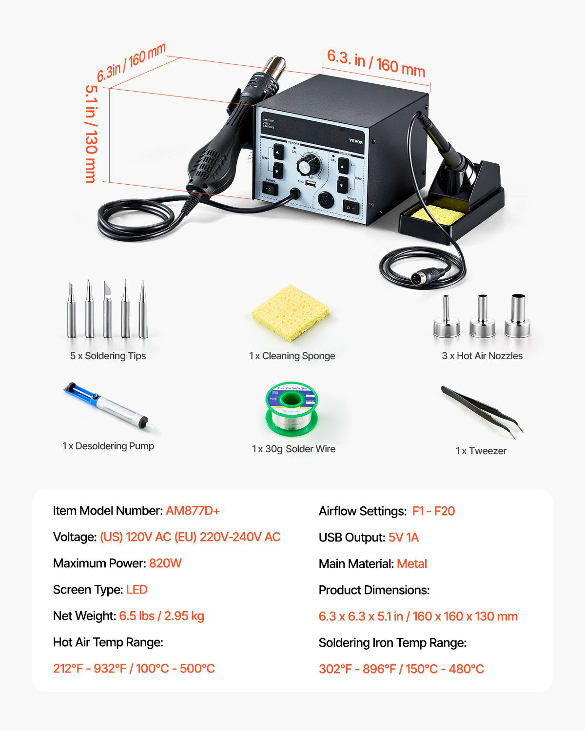 2-in-1 Hot Air Rework & Soldering Station, 820W Digital Display Rework and Soldering Iron Station with 5V USB Charging Port, Adjustable Temperature & Airflow, 3 Hot Air Nozzles, 5 Soldering Tips