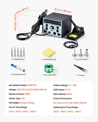 2-in-1 Hot Air Rework & Soldering Station, 820W Digital Display Rework and Soldering Iron Station with 5V USB Charging Port, Adjustable Temperature & Airflow, 3 Hot Air Nozzles, 5 Soldering Tips