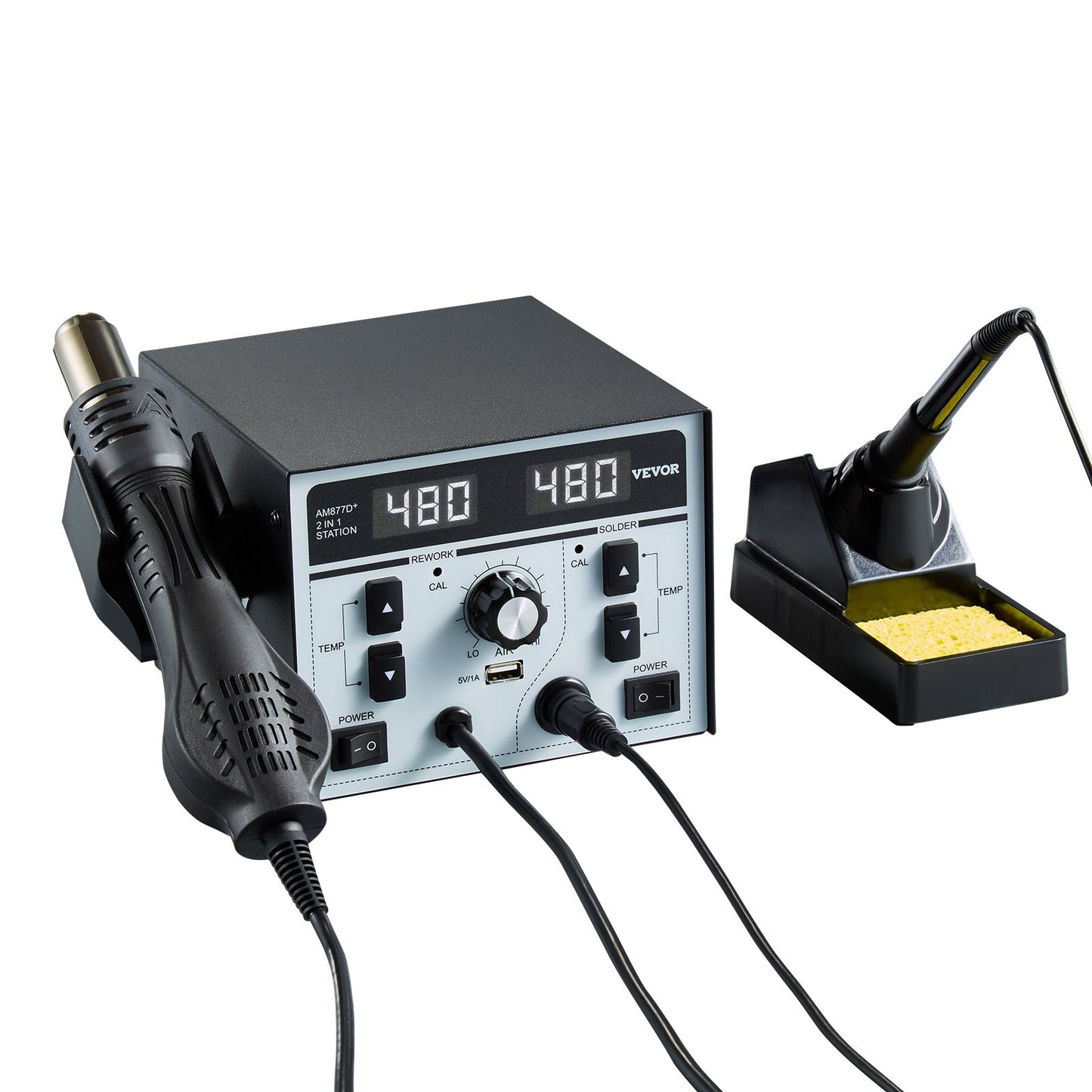 2-in-1 Hot Air Rework & Soldering Station, 820W Digital Display Rework and Soldering Iron Station with 5V USB Charging Port, Adjustable Temperature & Airflow, 3 Hot Air Nozzles, 5 Soldering Tips