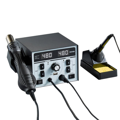 2-in-1 Hot Air Rework & Soldering Station, 820W Digital Display Rework and Soldering Iron Station with 5V USB Charging Port, Adjustable Temperature & Airflow, 3 Hot Air Nozzles, 5 Soldering Tips