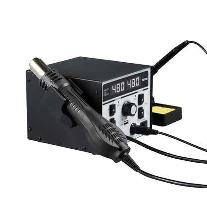 2-in-1 Hot Air Rework & Soldering Station, 820W Digital Display Rework and Soldering Iron Station with 5V USB Charging Port, Adjustable Temperature & Airflow, 3 Hot Air Nozzles, 5 Soldering Tips