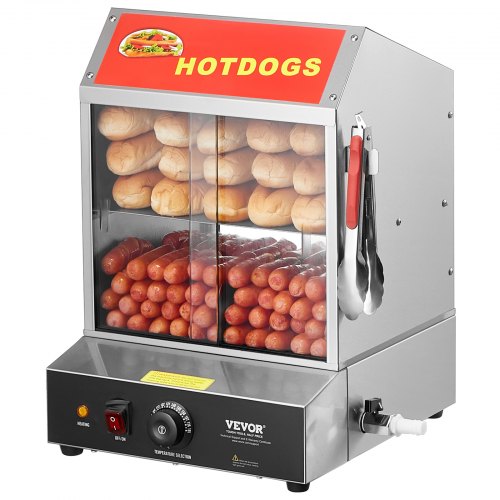 Hot Dog Steamer, 27L, 2-Tier Hot Dog Hut Steamer, 30℃~85℃ Temperature Control, Electric Bun Warmer with Tempered Glass Slide Doors Partition Plate Tong, Stainless Steel, for Hot Dogs & Buns