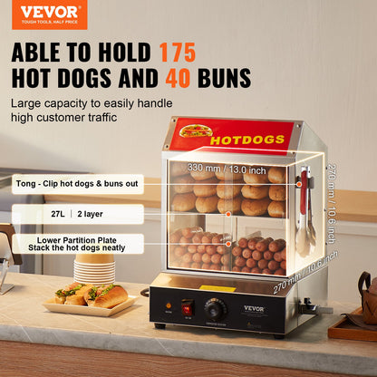 Hot-Dog-Dampfgarer, 27 l, 2-stöckiger Hot-Dog-Dampfgarer, Temperaturregelung 30℃~85℃, elektrischer Brötchenwärmer mit Schiebetüren aus gehärtetem Glas, Trennplatte und Zange, Edelstahl, für Hot Dogs und Brötchen