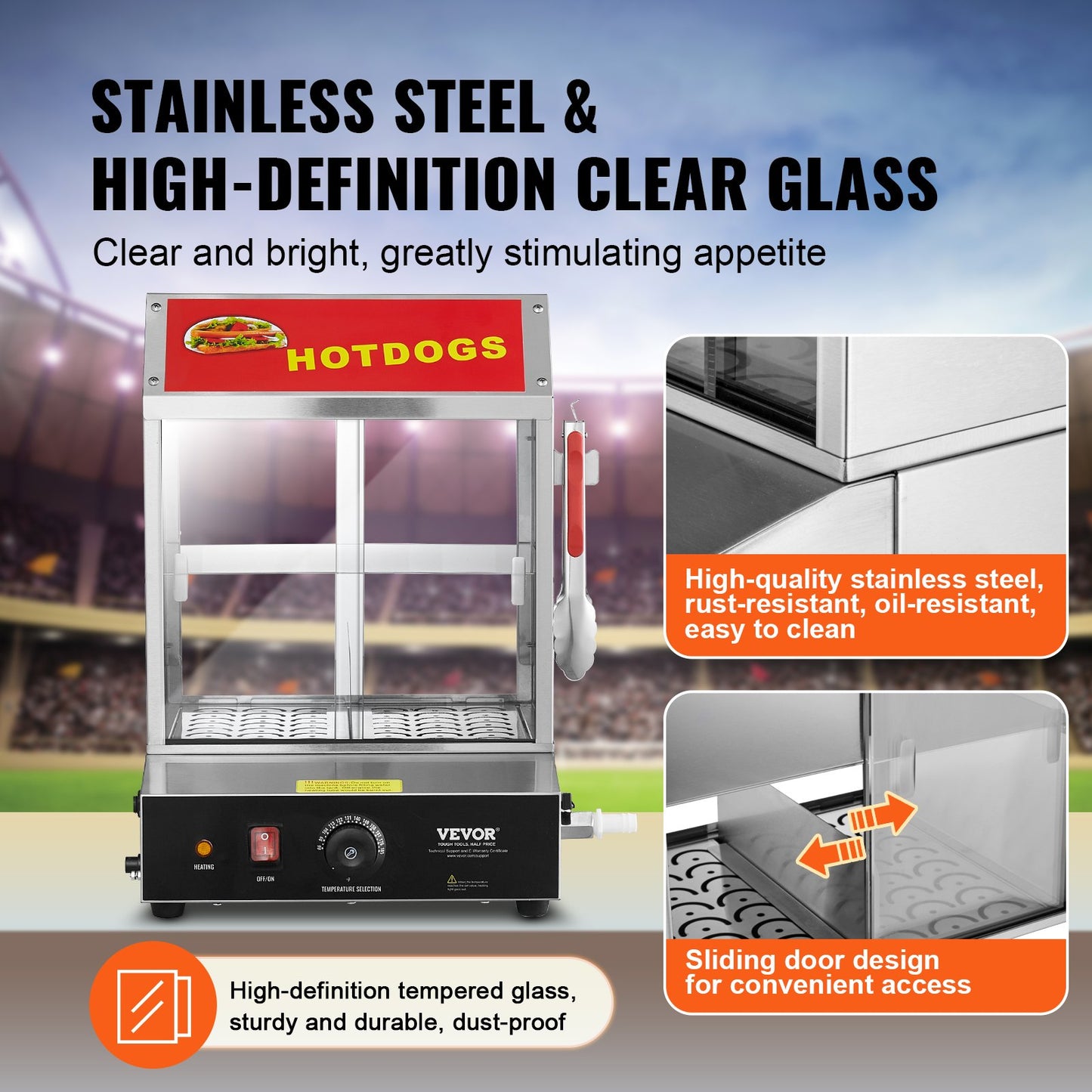 Hot-Dog-Dampfgarer, 27 l, 2-stöckiger Hot-Dog-Dampfgarer, Temperaturregelung 30℃~85℃, elektrischer Brötchenwärmer mit Schiebetüren aus gehärtetem Glas, Trennplatte und Zange, Edelstahl, für Hot Dogs und Brötchen