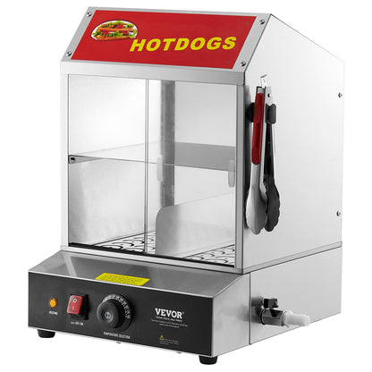 Hot-Dog-Dampfgarer, 27 l, 2-stöckiger Hot-Dog-Dampfgarer, Temperaturregelung 30℃~85℃, elektrischer Brötchenwärmer mit Schiebetüren aus gehärtetem Glas, Trennplatte und Zange, Edelstahl, für Hot Dogs und Brötchen