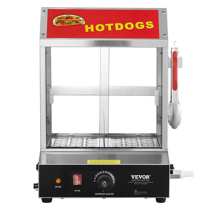 Hot-Dog-Dampfgarer, 27 l, 2-stöckiger Hot-Dog-Dampfgarer, Temperaturregelung 30℃~85℃, elektrischer Brötchenwärmer mit Schiebetüren aus gehärtetem Glas, Trennplatte und Zange, Edelstahl, für Hot Dogs und Brötchen