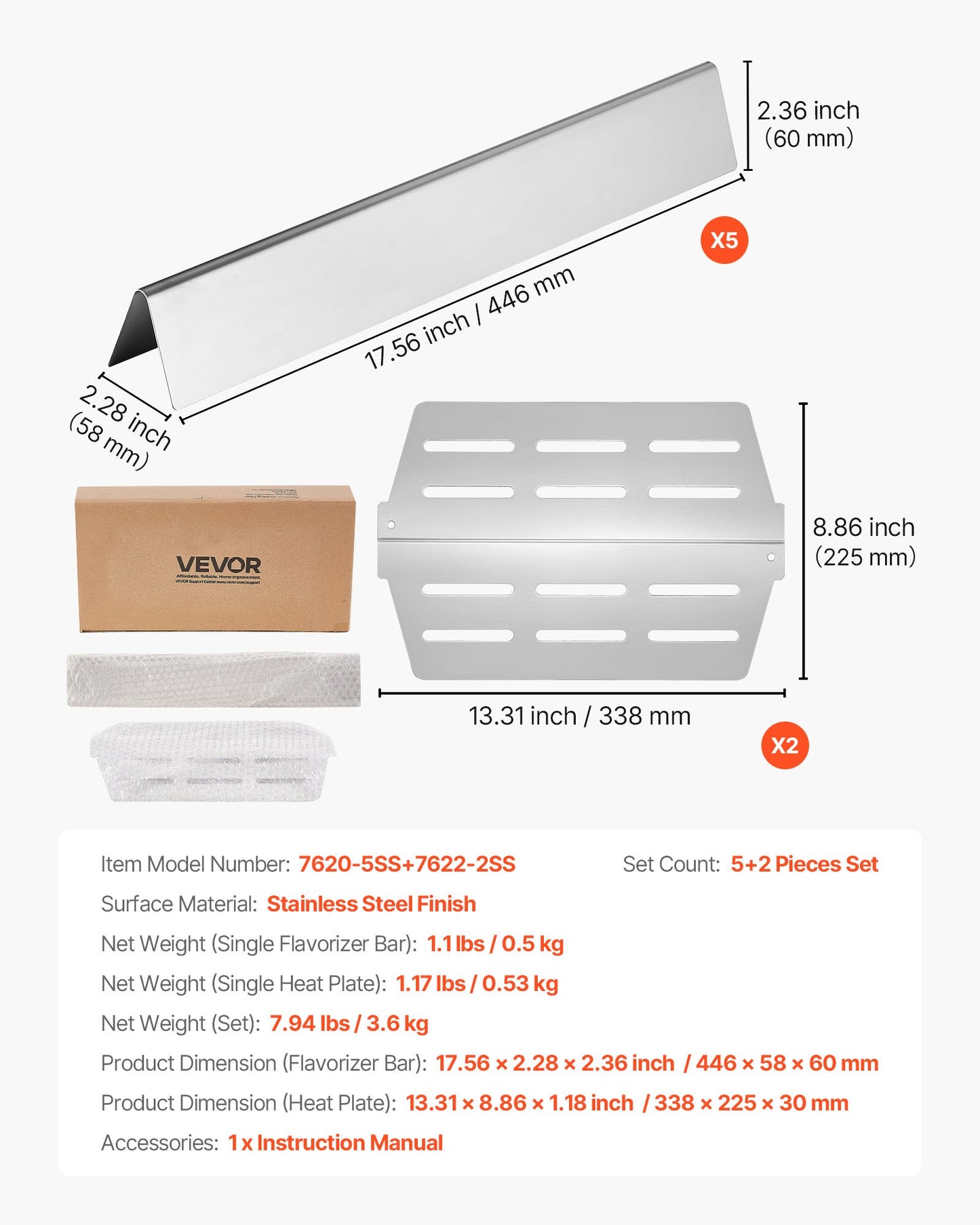 Flavorizer Bars and Heat Deflectors, 44cm Grill Replacement Part, for Weber Genesis 300 Series Grills, Including E310 E320 E330 S310 S320 S330, Stainless Steel Thicker Heat Plate, 7 Pack