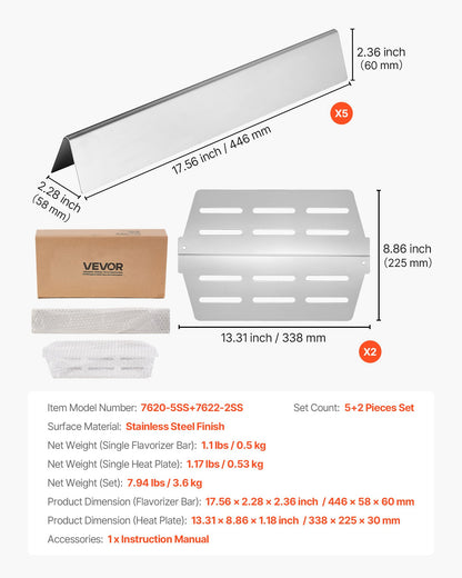 Flavorizer Bars and Heat Deflectors, 44cm Grill Replacement Part, for Weber Genesis 300 Series Grills, Including E310 E320 E330 S310 S320 S330, Stainless Steel Thicker Heat Plate, 7 Pack