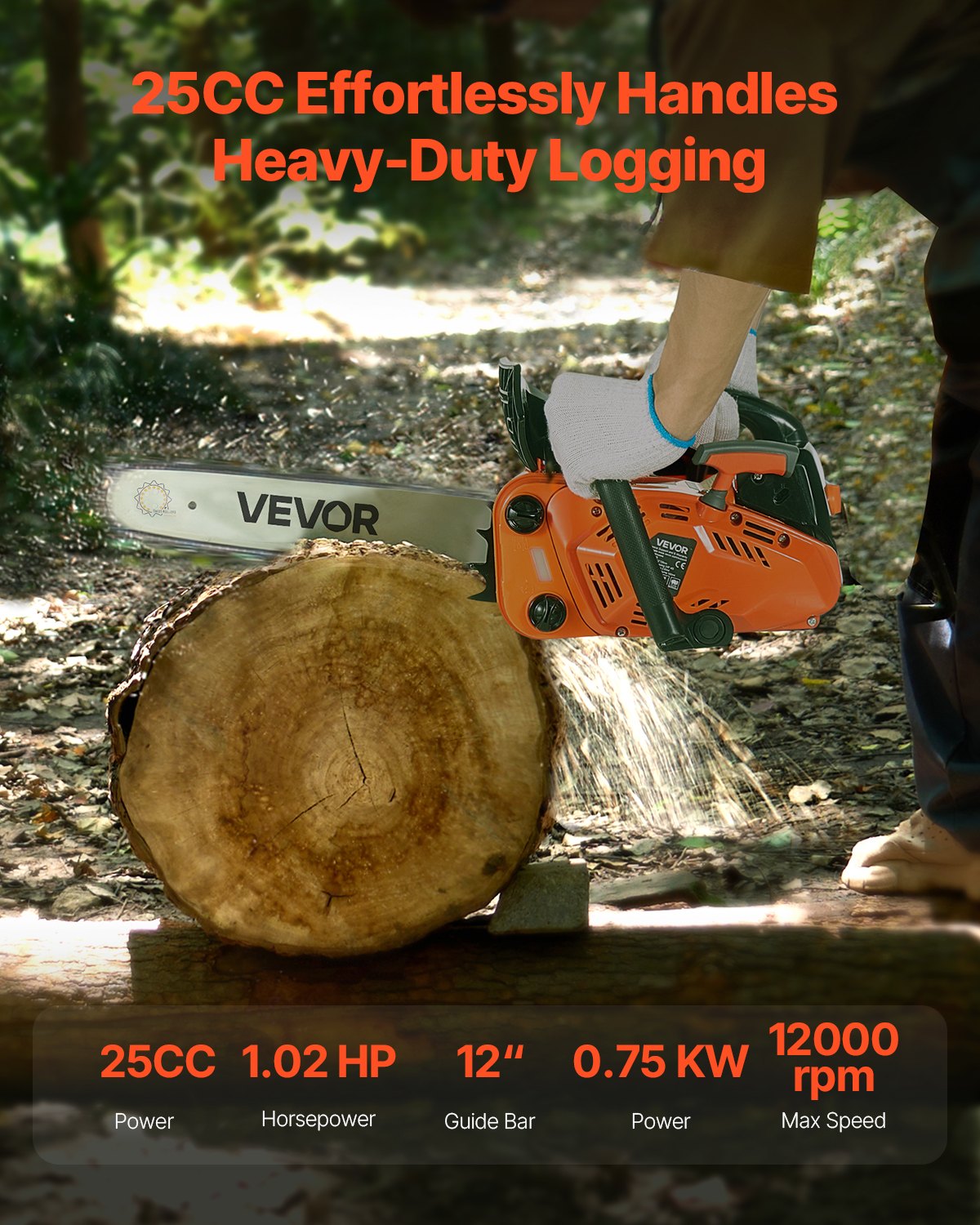 25 cc Gas Chainsaw, 12 inch Gas Powered Chainsaw, 1.02 HP Power Chain Saw with Non-Slip Handle, Gas-Powered Chainsaws with Dual Fuel Tanks, For Wood Cutting, Tree Trimming, and Land Clearing