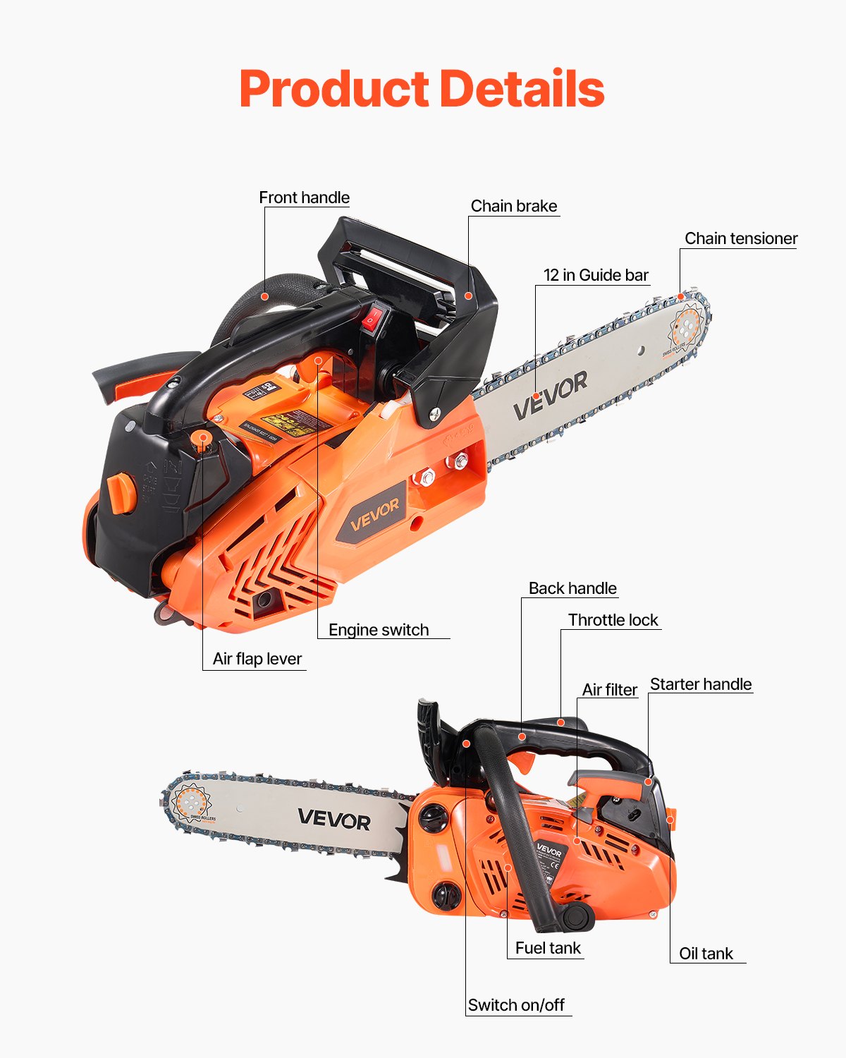 25 cc Gas Chainsaw, 12 inch Gas Powered Chainsaw, 1.02 HP Power Chain Saw with Non-Slip Handle, Gas-Powered Chainsaws with Dual Fuel Tanks, For Wood Cutting, Tree Trimming, and Land Clearing