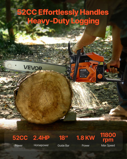 52 cc Gas Chainsaw, 18 inch Gas Powered Chainsaw, 2.4 HP Power Chain Saw with Non-Slip Handle, Gas-Powered Chainsaws with Dual Fuel Tanks, For Wood Cutting, Tree Trimming, and Land Clearing