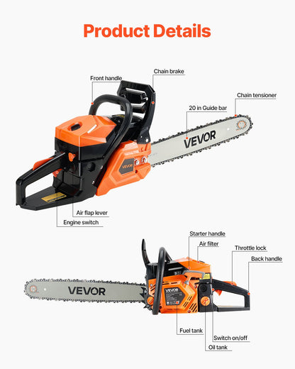 58 cc Gas Chainsaw, 20 inch Gas Powered Chainsaw, 2.7 HP Power Chain Saw with Non-Slip Handle, Gas-Powered Chainsaws with Dual Fuel Tanks, For Wood Cutting, Tree Trimming, and Land Clearing