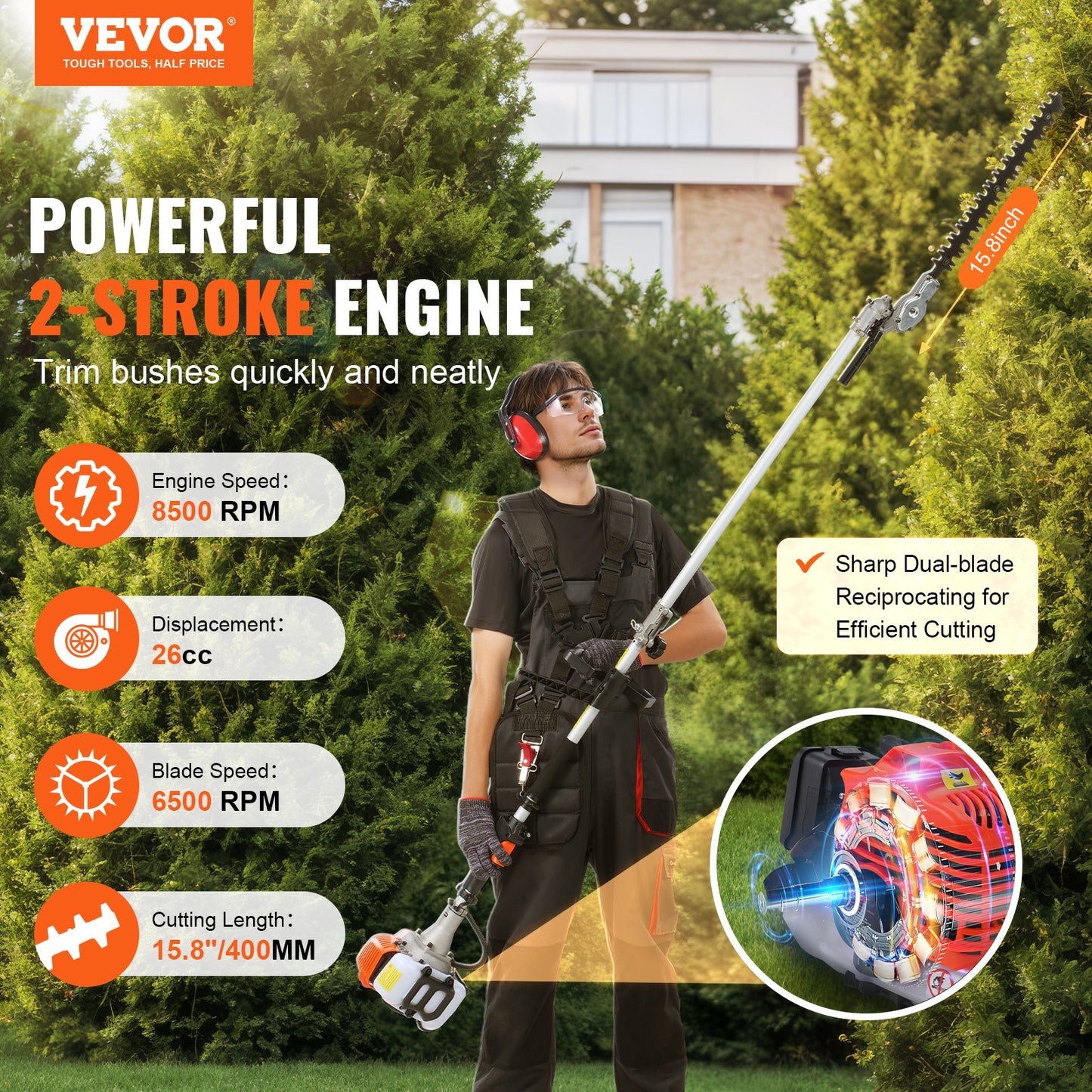 15.7-inch 26CC 2 Cycle Gas Hedge Trimmer, Gas Powered Pole Hedge Trimmer with Dual Sided Dual Action Blade, 270° Adjustable Trimmer Head, Suitable for Trimming Shrubs, Bushes