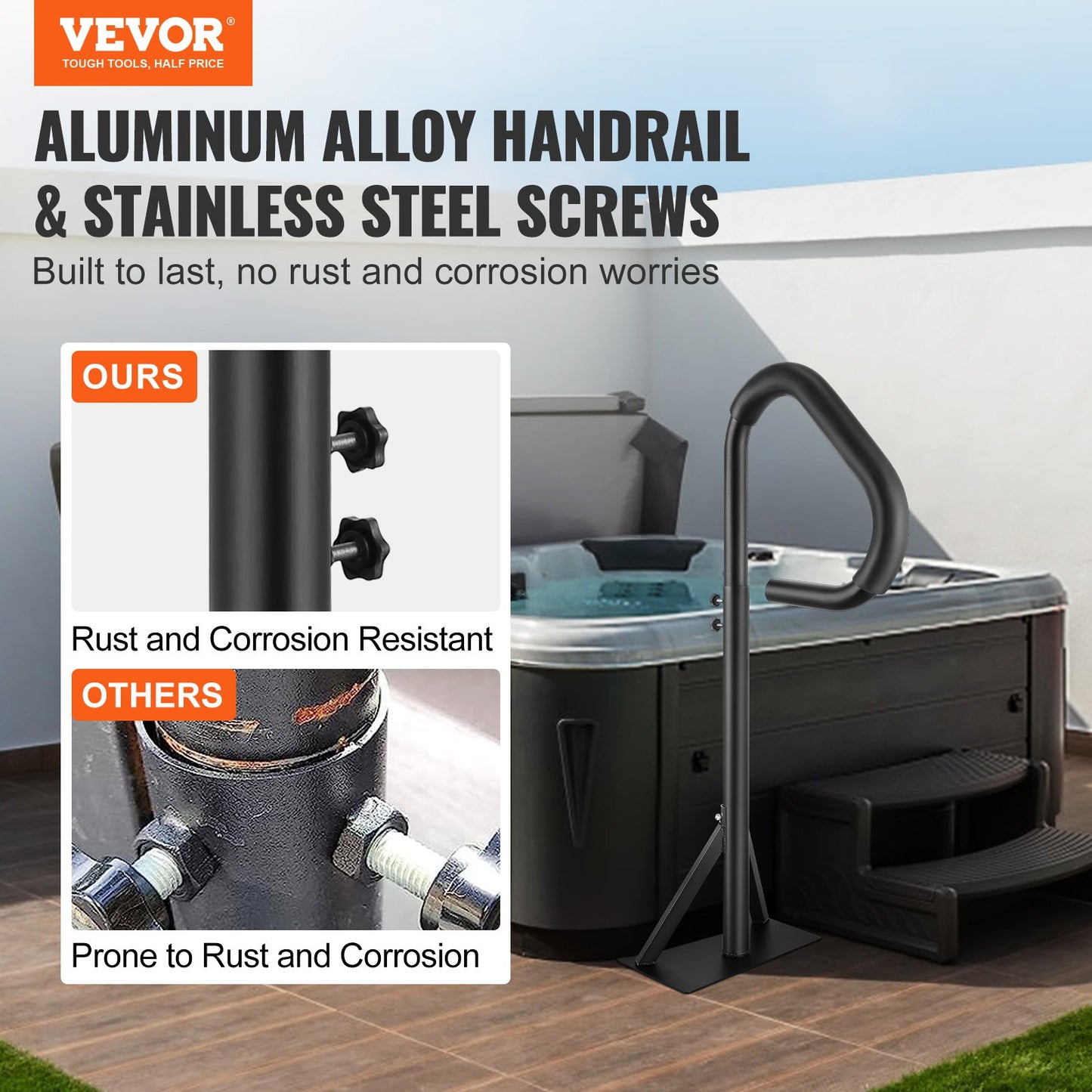 Hot Tub Handrail, 360 Rotatable Spa Side Handrail with 88.9-144.8 cm Adjustable Height, Rust-proof Aluminum Spa Step Hot Tub Hand Rail with Slide-Under Mount Base for Indoor & Outdoor, 272.2 kg Capacity