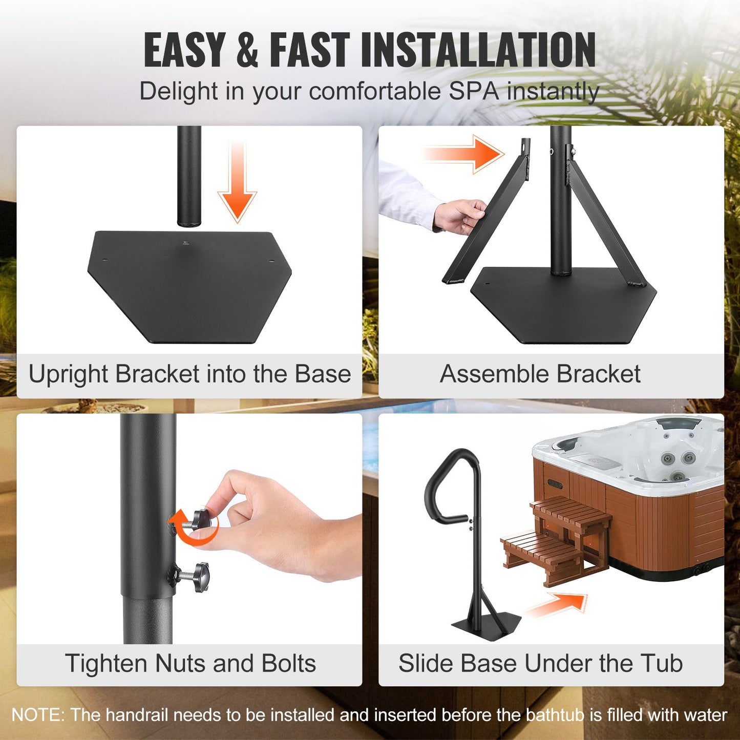 Hot Tub Handrail, 360 Rotatable Spa Side Handrail with 88.9-144.8 cm Adjustable Height, Rust-proof Aluminum Spa Step Hot Tub Hand Rail with Slide-Under Mount Base for Indoor & Outdoor, 272.2 kg Capacity