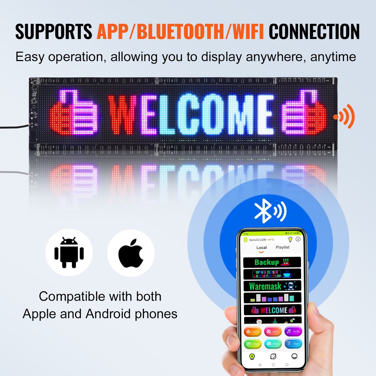 Programmable LED Sign, P5 Full Color LED Scrolling Panel, DIY Custom Text Animation Pattern Display Board, Bluetooth APP Control Message Shop Sign for Store Business Car Advertising, 83.5x20cm