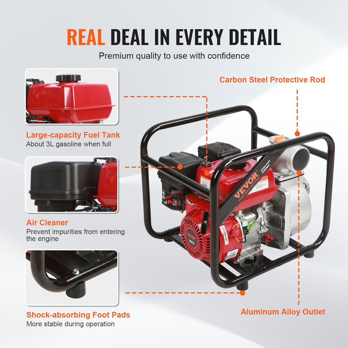 Benzinbetriebene Wasserpumpe, 7,6 cm Ein-/Auslass, 5,2 kW (7 PS), 1003,5 l/min, 43,3 m Förderhöhe, 6,7 m Saughöhe, 4-Takt-Benzin-Schmutzwasserpumpe mit 7,6 m Schlauch für Bewässerung und Pools, EPA-zertifiziert