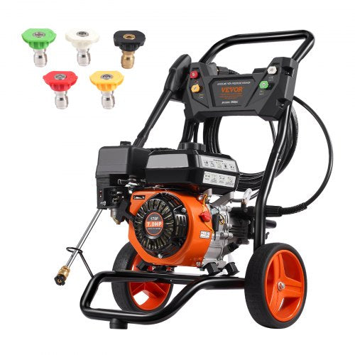 Gas Pressure Washer, 3400 PSI 2.6 GPM, Gas Powered Pressure Washer 10L/min with Aluminum Pump, Spray Gun and Extension Wand, 5 Nozzle Set, for Cars, Fences, Homes, Driveways, Patios, Vertical