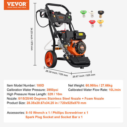 Gas Pressure Washer, 3950 PSI 10L/min, 2.6 GPM Gas Powered Pressure Washer with Copper Pump, Spray Gun and Extension Wand, 5 Nozzle Set, for Cars, Fences, Homes, Driveways, Patios, Vertical