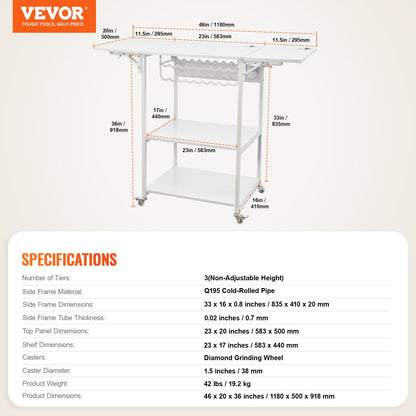 Heat Press Table, 3 Tier Movable Heat Press Stand, Foldable Heat Transfer Machine Stand with Wheels and Vinyl Roll Holder, Rolling Metal Workbench for Sublimation Transfer Machine, White