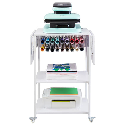 Heat Press Table, 3 Tier Movable Heat Press Stand, Foldable Heat Transfer Machine Stand with Wheels and Vinyl Roll Holder, Rolling Metal Workbench for Sublimation Transfer Machine, White