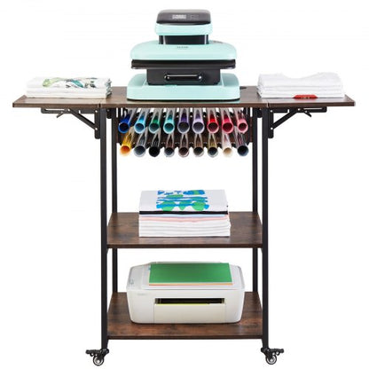 Heat Press Table, 3 Tier Movable Heat Press Stand, Foldable Heat Transfer Machine Stand with Wheels and Vinyl Roll Holder, Rolling Metal Workbench for Sublimation Transfer Machine, Brown