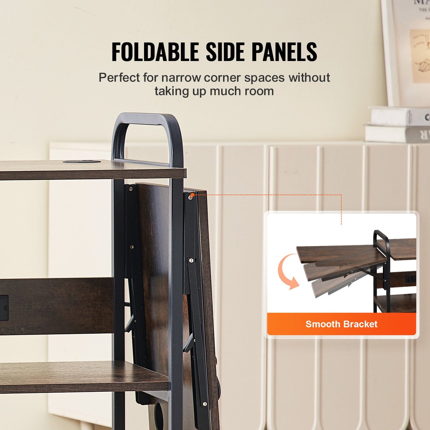 Heat Press Table with Charging Station, 3 Tier Movable Heat Press Stand, Foldable Heat Transfer Machine Stand with Wheels, Rolling Metal Workbench for Sublimation Transfer Machine, Brown