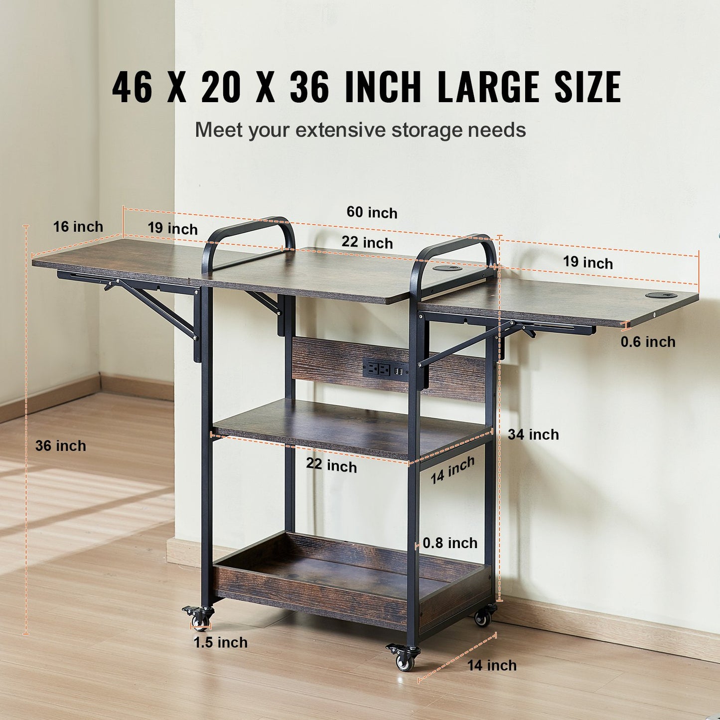 Heat Press Table with Charging Station, 3 Tier Movable Heat Press Stand, Foldable Heat Transfer Machine Stand with Wheels, Rolling Metal Workbench for Sublimation Transfer Machine, Brown