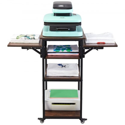 Heat Press Table with Charging Station, 4 Tier Movable Heat Press Stand, Foldable Heat Transfer Machine Stand with Wheels, Rolling Metal Workbench for Sublimation Transfer Machine, Brown