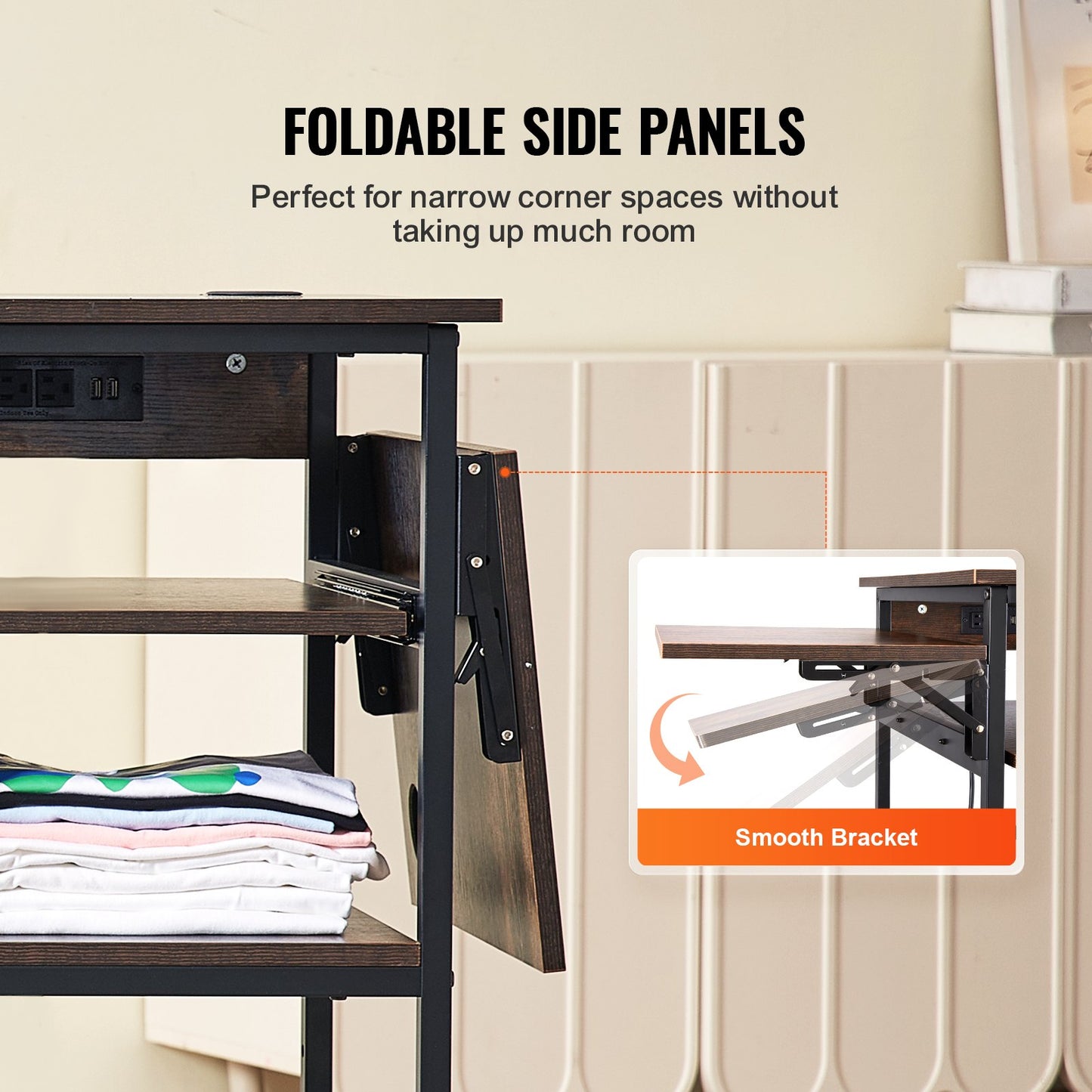 Heat Press Table with Charging Station, 4 Tier Movable Heat Press Stand, Foldable Heat Transfer Machine Stand with Wheels, Rolling Metal Workbench for Sublimation Transfer Machine, Brown