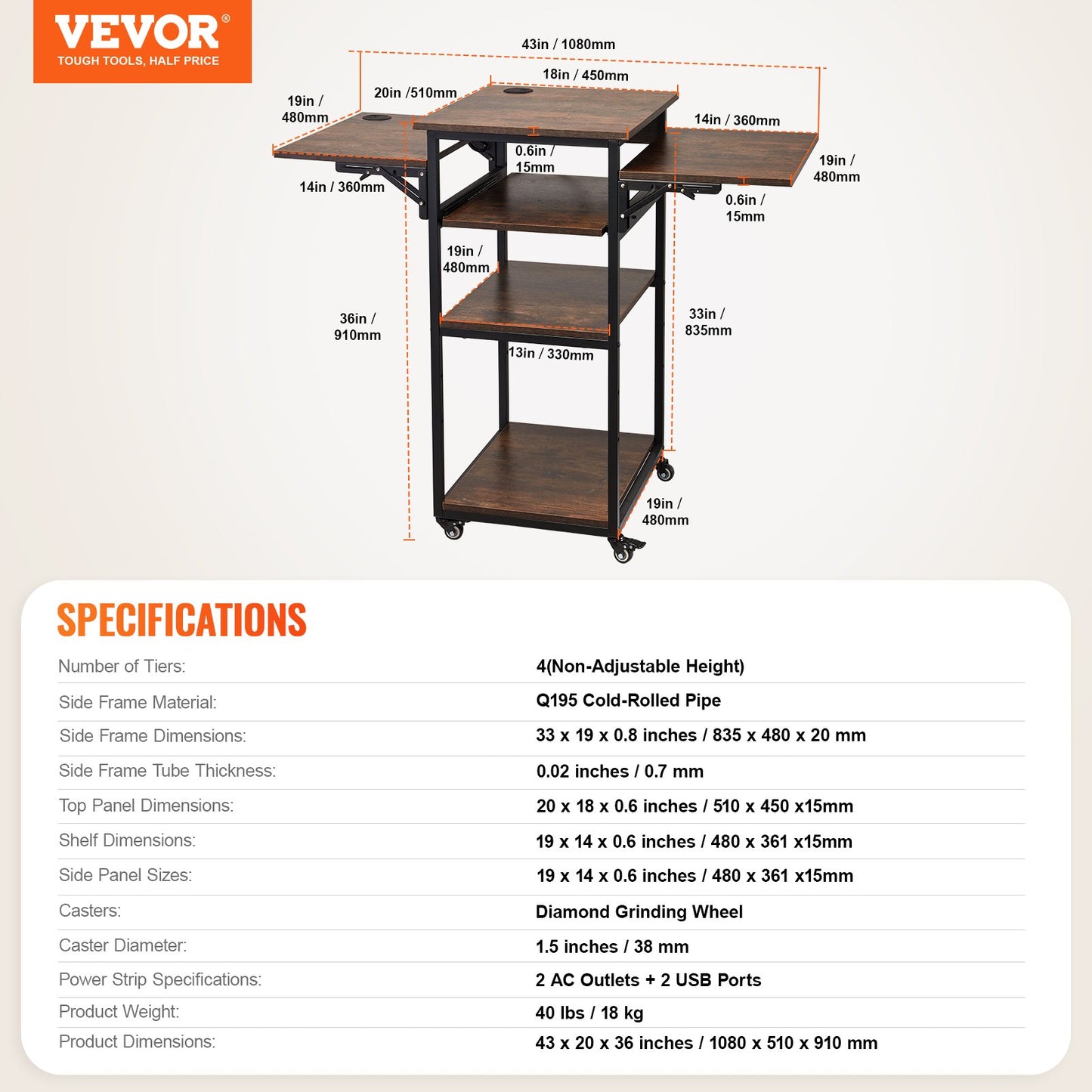 Heat Press Table with Charging Station, 4 Tier Movable Heat Press Stand, Foldable Heat Transfer Machine Stand with Wheels, Rolling Metal Workbench for Sublimation Transfer Machine, Brown