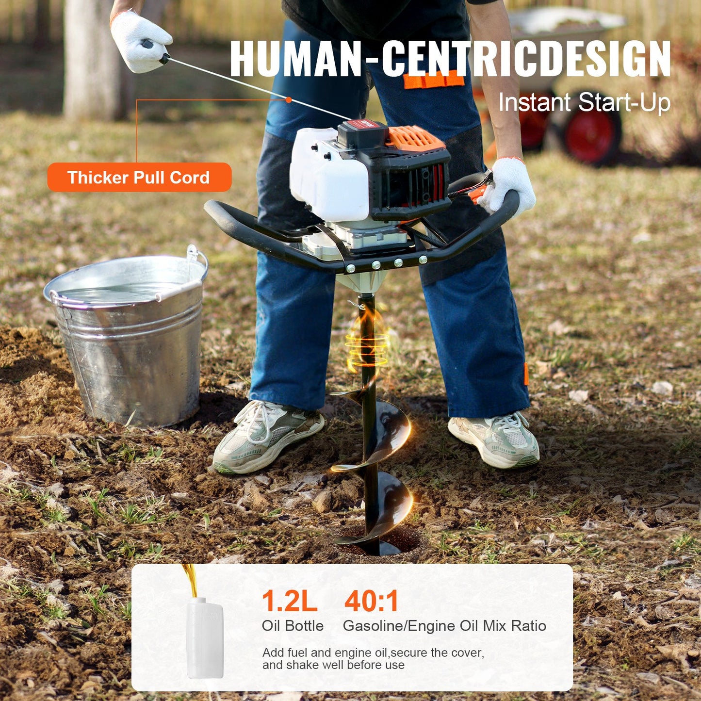 Post Hole Digger Gas Powered, 52CC 1450W Earth Auger, Gas Auger with 6” & 10” Auger Drill Action Design Bits & 3 Extension Rods, Post Fence Hole Digger for Farmland Garden Plant, Orange+Black