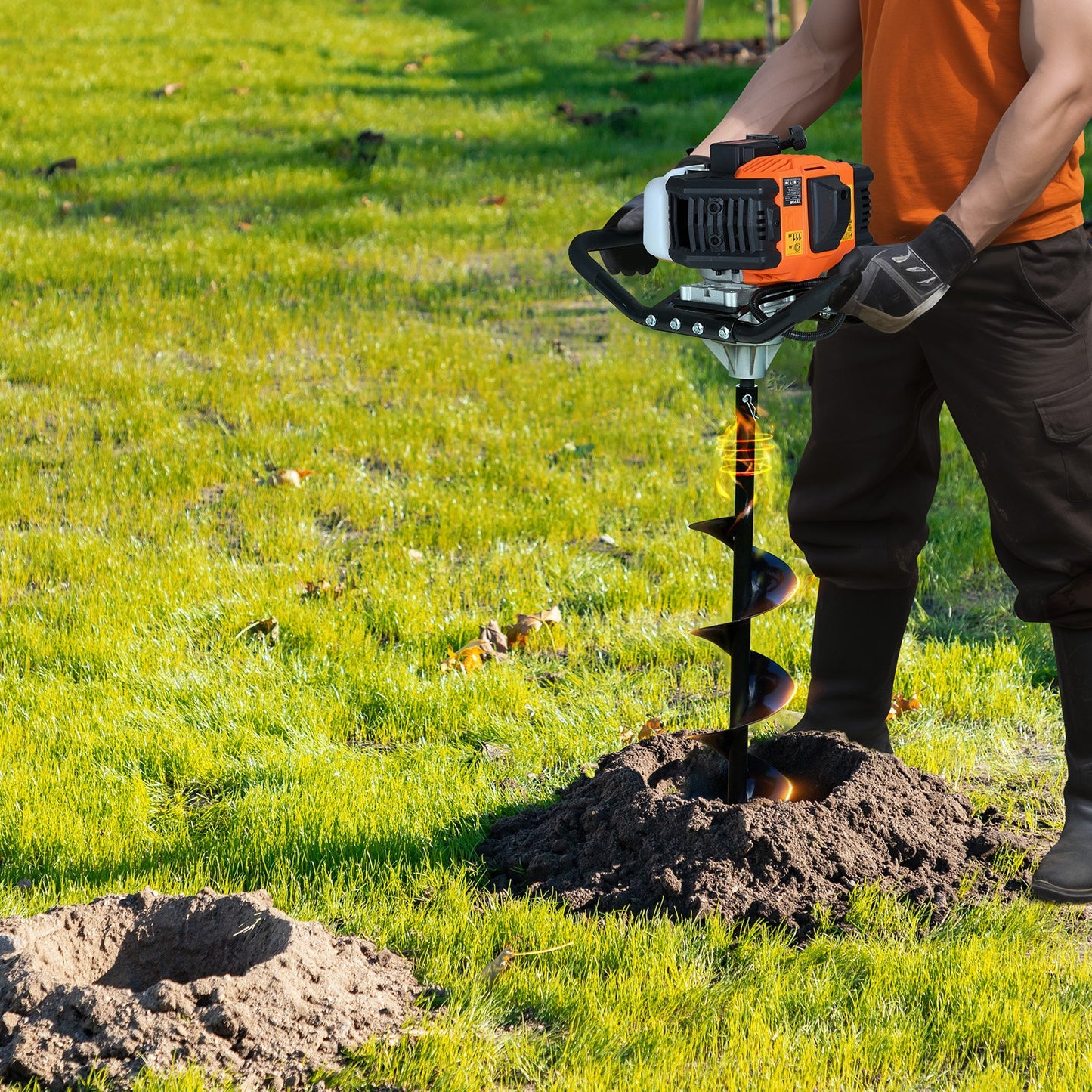 Post Hole Digger Gas Powered, 52CC 1450W Earth Auger, Gas Auger with 6” & 10” Auger Drill Action Design Bits & 3 Extension Rods, Post Fence Hole Digger for Farmland Garden Plant, Orange+Black