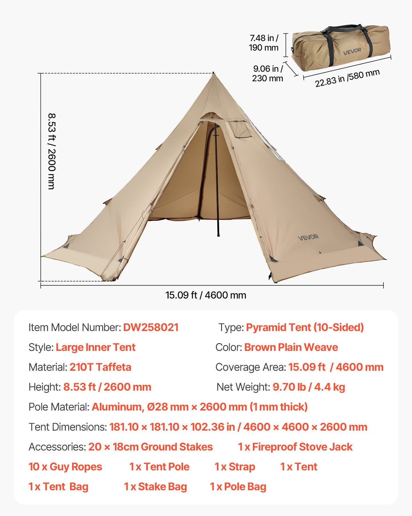 Beheizbares Zelt für 4-6 Personen, tragbares Winter-Tipi-Zelt mit Ofenrohrdurchführung, wasserdichtes Canvas-Campingzelt, leichtes 4-Jahreszeiten-Zelt zum Wandern, Angeln und Trekking, Größe L