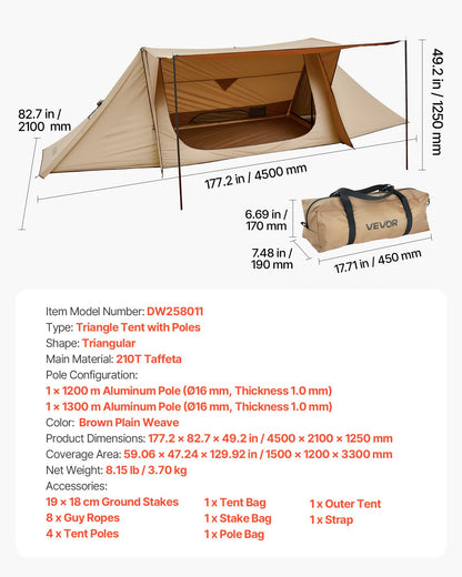 Beheizbares Campingzelt, leichtes Bushcraft-Zelt mit Ofenrohrdurchführung und 2 Zeltstangen, wasserdichtes Winterzelt, tragbares 4-Jahreszeiten-Zelt für 2 Personen zum Wandern, Angeln, Jagen und Trekking