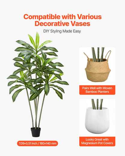 Künstlicher Dracaena-Baum (1829 mm), künstliche tropische Palme mit hohem, weißem Übertopf, künstliche Bodenpflanze aus Seide im Topf, große Bäume für die Dekoration von Zuhause, Büro, Wohnzimmer, Einweihungsparty, für drinnen und draußen