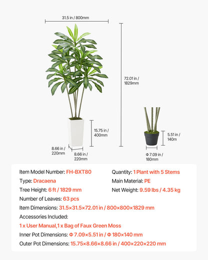 Künstlicher Dracaena-Baum (1829 mm), künstliche tropische Palme mit hohem, weißem Übertopf, künstliche Bodenpflanze aus Seide im Topf, große Bäume für die Dekoration von Zuhause, Büro, Wohnzimmer, Einweihungsparty, für drinnen und draußen