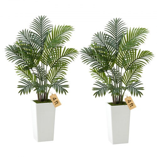 Künstliche Areca-Palme, 1219 mm, 2er-Pack, künstliche tropische Palmen mit hohem, weißem Übertopf, künstliche Bodenpflanze aus Seide im Topf, großer Baum für Zuhause, Büro, Wohnzimmer, Einweihungsparty, für drinnen und draußen