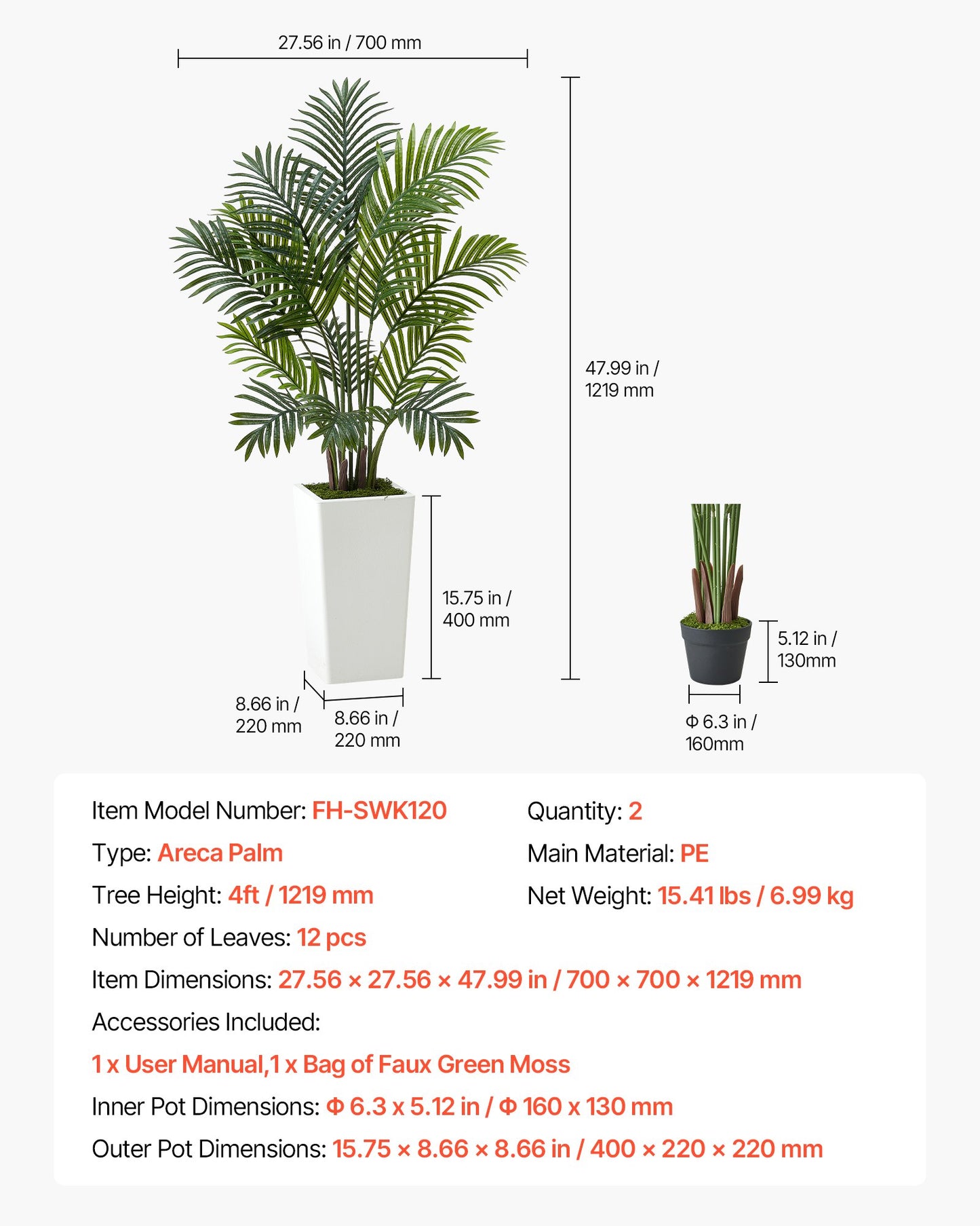 Künstliche Areca-Palme, 1219 mm, 2er-Pack, künstliche tropische Palmen mit hohem, weißem Übertopf, künstliche Bodenpflanze aus Seide im Topf, großer Baum für Zuhause, Büro, Wohnzimmer, Einweihungsparty, für drinnen und draußen
