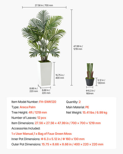 Künstliche Areca-Palme, 1219 mm, 2er-Pack, künstliche tropische Palmen mit hohem, weißem Übertopf, künstliche Bodenpflanze aus Seide im Topf, großer Baum für Zuhause, Büro, Wohnzimmer, Einweihungsparty, für drinnen und draußen