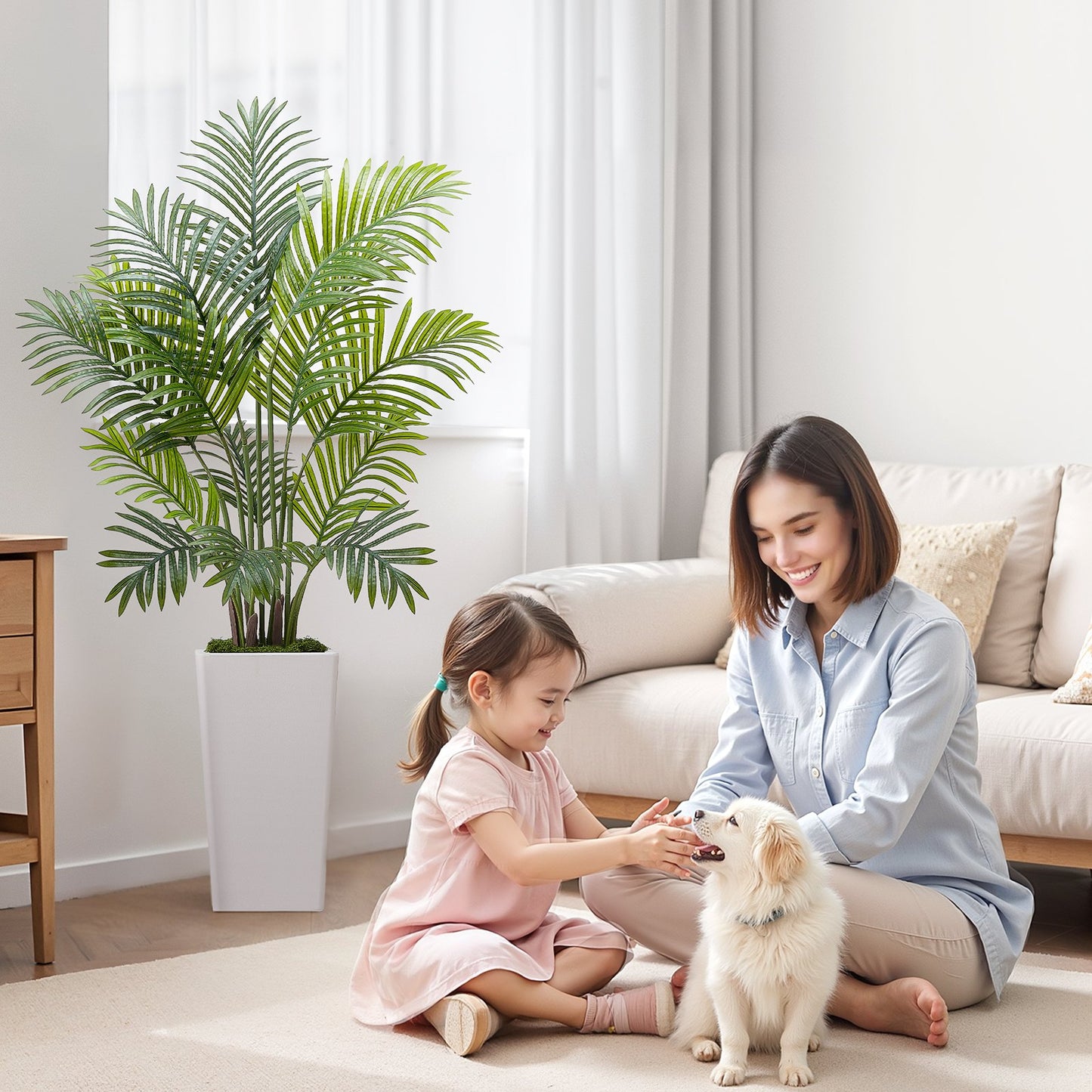 Künstliche Areca-Palme, 1219 mm, 2er-Pack, künstliche tropische Palmen mit hohem, weißem Übertopf, künstliche Bodenpflanze aus Seide im Topf, großer Baum für Zuhause, Büro, Wohnzimmer, Einweihungsparty, für drinnen und draußen